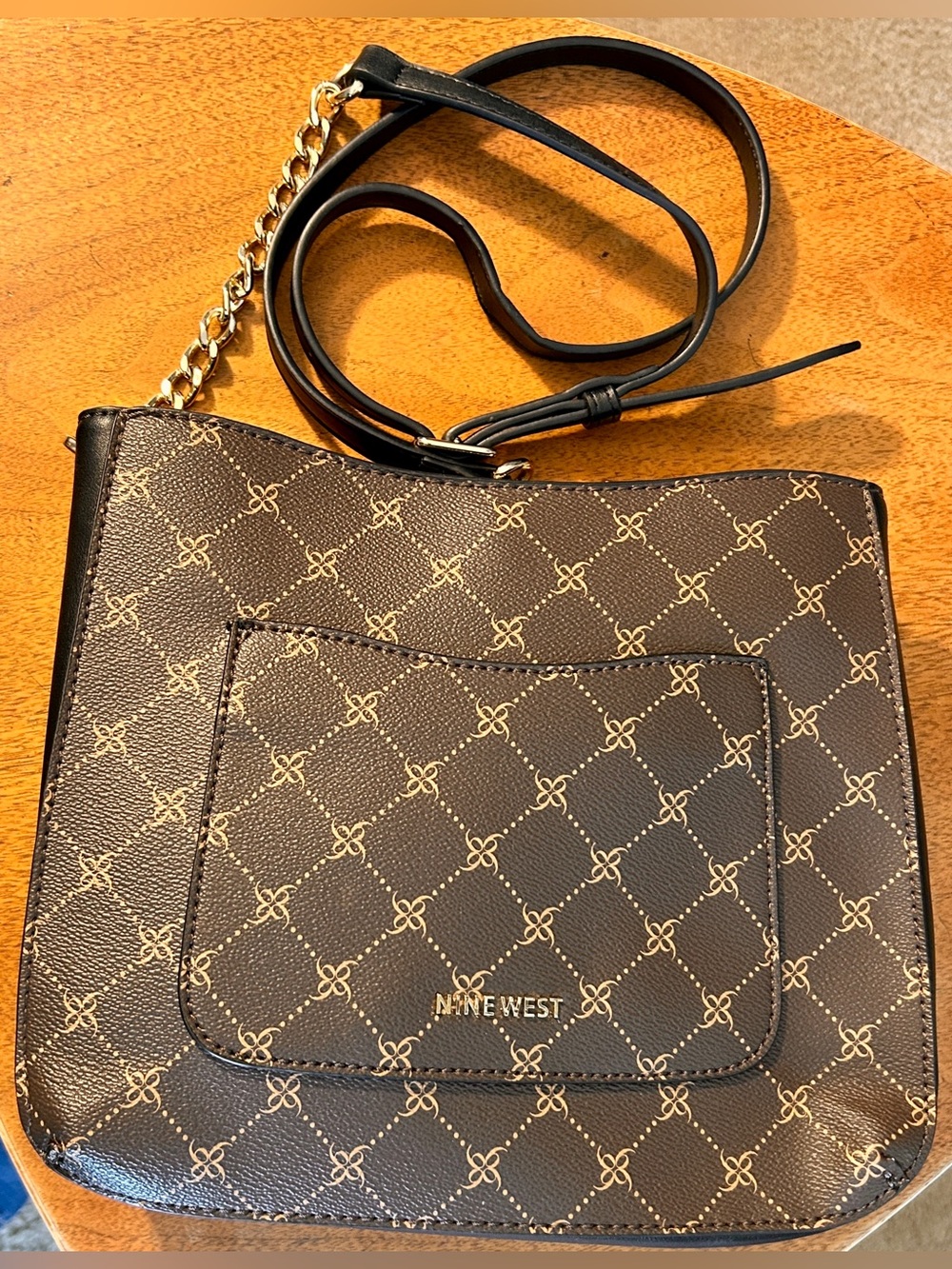 Nine West Purse – Chain Strap, 3 Compartments, Brown/Black/Gold